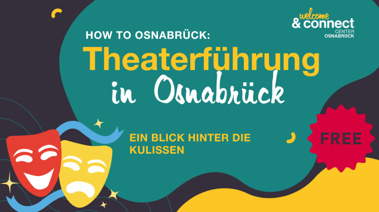 Theaterführung in Osnabrück mit bunten Masken und dem Hinweis "Kostenlos".