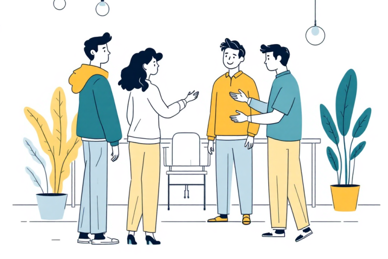 Eine Gruppe von zehn Leuten steht vor einem Geschäft und lächelt in die Kamera.